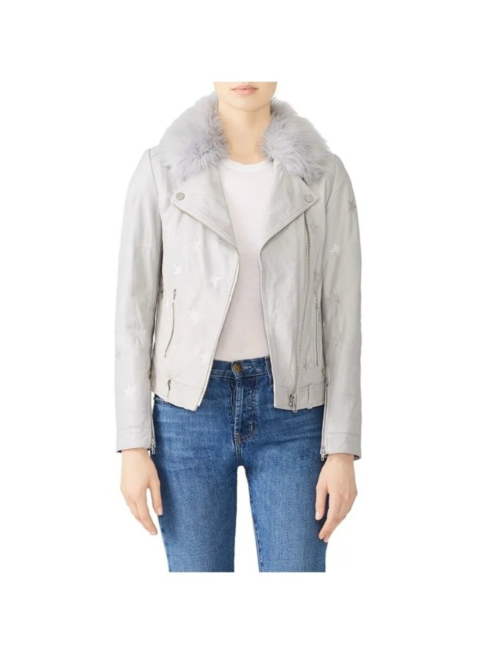 Samantha Sipos Seeing Stars Lambskin Leather Moto Jacket Gray S Faux Fur Stars